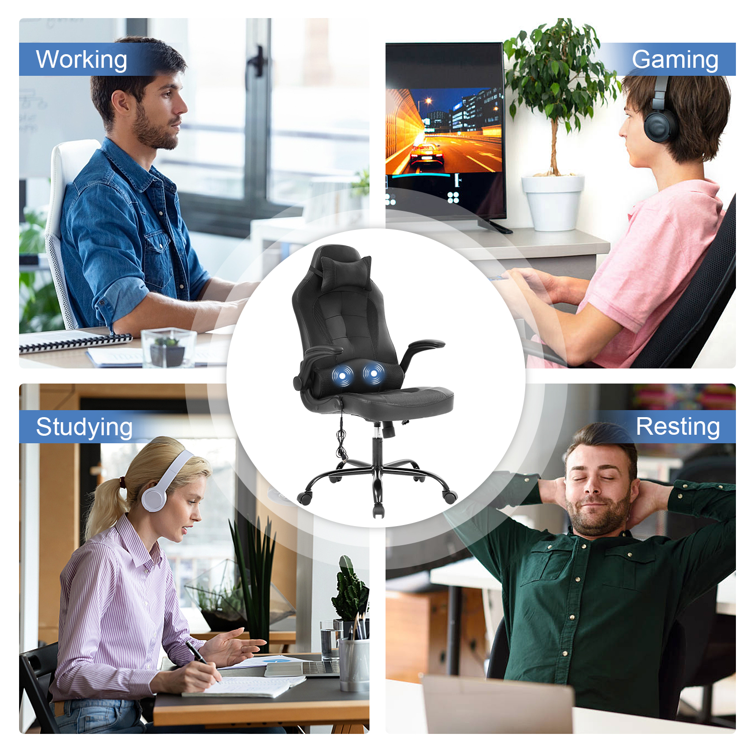 NiamVelo Massage Gaming Chair Video Gamer Chair PU Leather Computer Chairs Desk Chair w/Adjustable Headrest and Armrest,Ergonomic Office Chair High Back Racing Game Chair, 250lbs （Black）