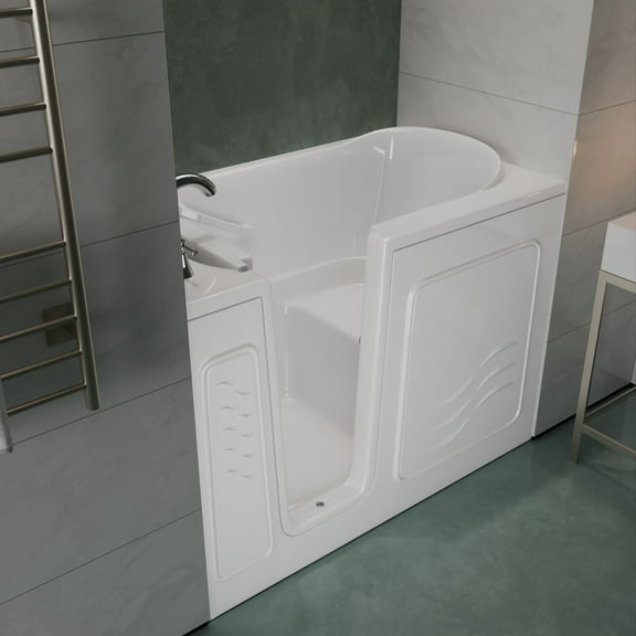 Meditub Collection 30 in. L x 52 in. W Left Side Drain Soaker Jetted Bathtub in White with Fast Filling Faucet Set