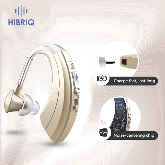 HIBRIQ Digital Hearing Aid for Seniors, Rechargeable Sound Device For Hearing Loss, Clear Sound, Single, Gold