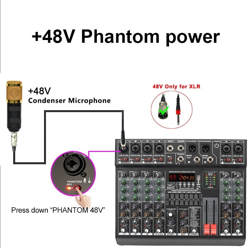 6 Channel Mixing Console 99 Effect 7 Band EQ Sound Mixer USB PC Record Bluetooth AUX DJ Controller