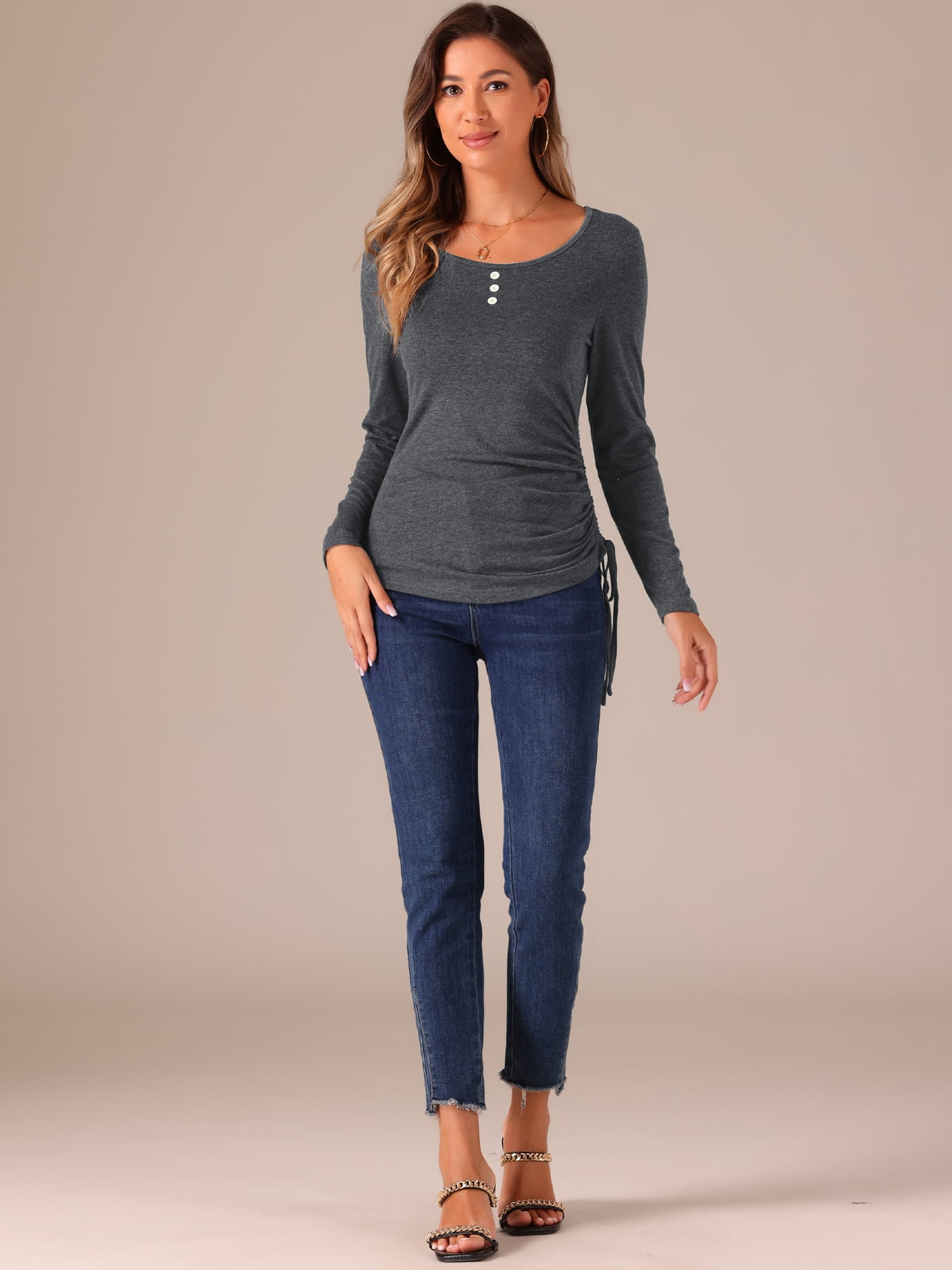 DARING DIVA Women's Scoop Neck Button Ruched Drawstring Tops M Grey