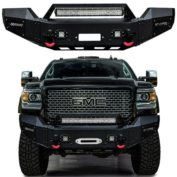 Vijay Front Bumper for 2015-2016-2017-2018-2019 GMC Sierra 2500HD/3500HD Textured Black Steel with Lights and D-rings