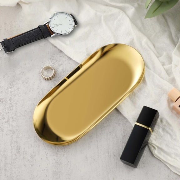 1 Pcs Gold Trinket Tray Oval Stainless Steel Small Serving Trays Towel Storage Dish Plate Tea Fruit Trays Jewelry Plate Decorative Storage Tray (Gold 1pcs, 7.09 x 3.35 Inch)