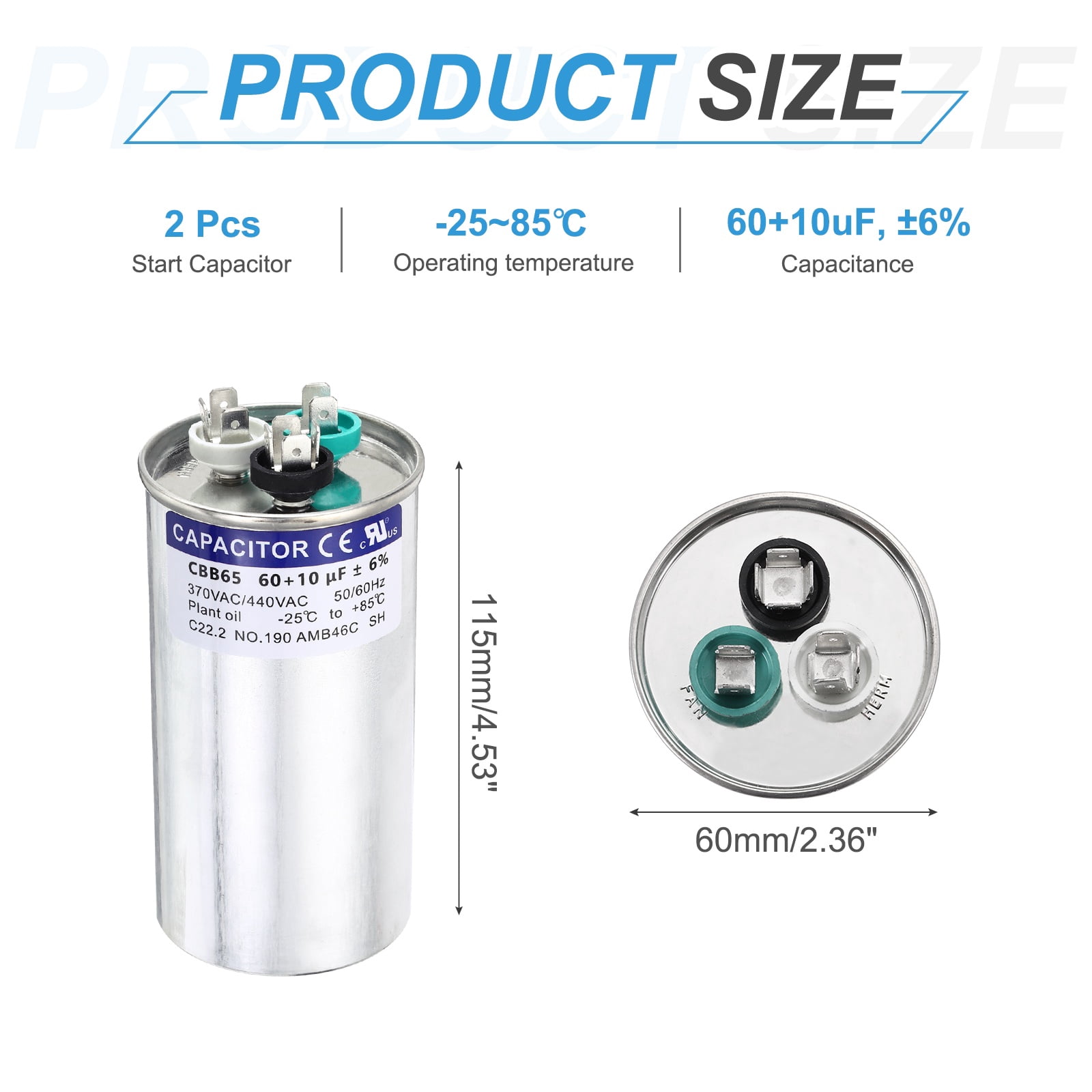 Uxcell 2Pcs 60+10MFD CBB65 Run Start Capacitor 60+10uF, 370/440V Round AC Capacitor for AC Motor Run, HVAC, Air Conditioner, Condenser Motors