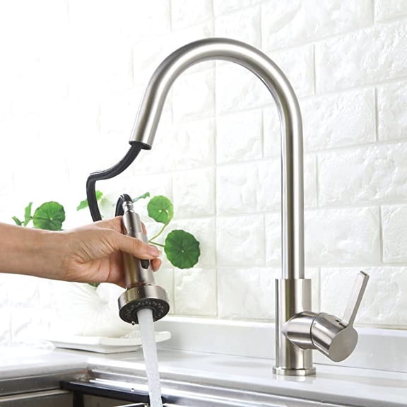 Kitchen Faucet Head Replacement, Pull Down Stream and Spray 2 Functions for G1/2 Connector, Brushed Nickel Kitchen Sink Faucet Head Easy to Clean and Install