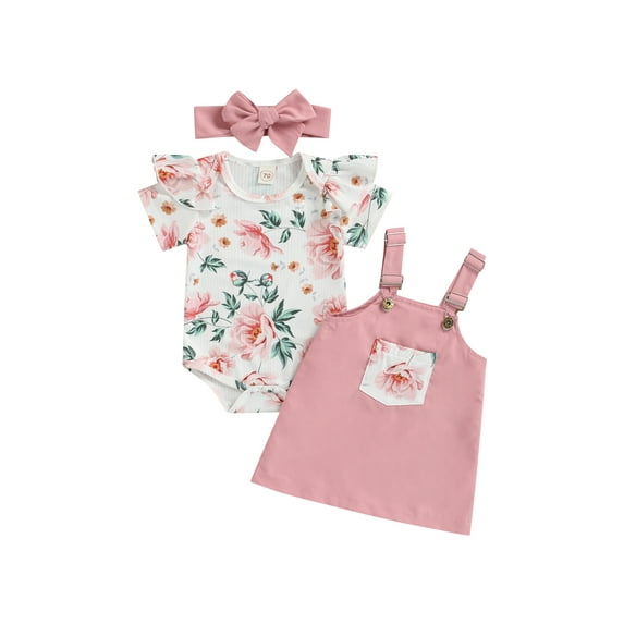 TSEXIEFOOFU 3 Pcs Newborn Casual Outfits, Baby Girls Floral Fly Sleeve Round Neck Romper + Suspender Skirt + Solid Color Headband
