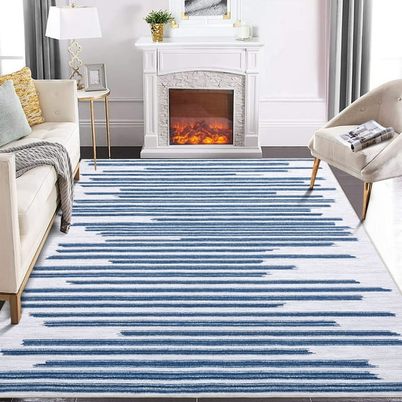 EastVita Area Rugs Carpets 9'*12' Modern Berber Stripe Area Rug Indoor Low Pile Non-Slip Throw Rug Soft Washable Rugs for Living Room Bedroom,Blue Beige Beige Blue 9ft*12ft