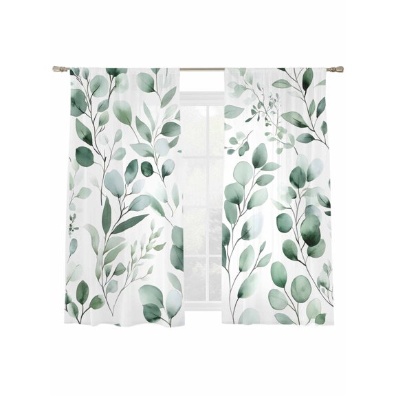 Watercolor Leaf Sheer Curtains 63 Inch Long 2 Panels, Eucalyptus Leaves Green Botanical Light Filtering Rod Pocket Semi Sheer Curtains, Sheer Voile Drapes for Living Room Bedroom, 52"x63"
