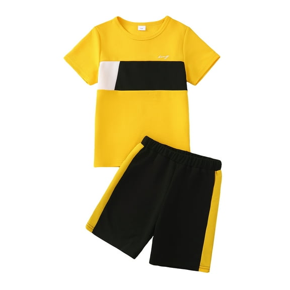 9Y Big Boys Outfits 10Y Boys 2PCS Summer Short Sets Big Boys Short Sleeve Round Neckline Top Shorts Set Yellow