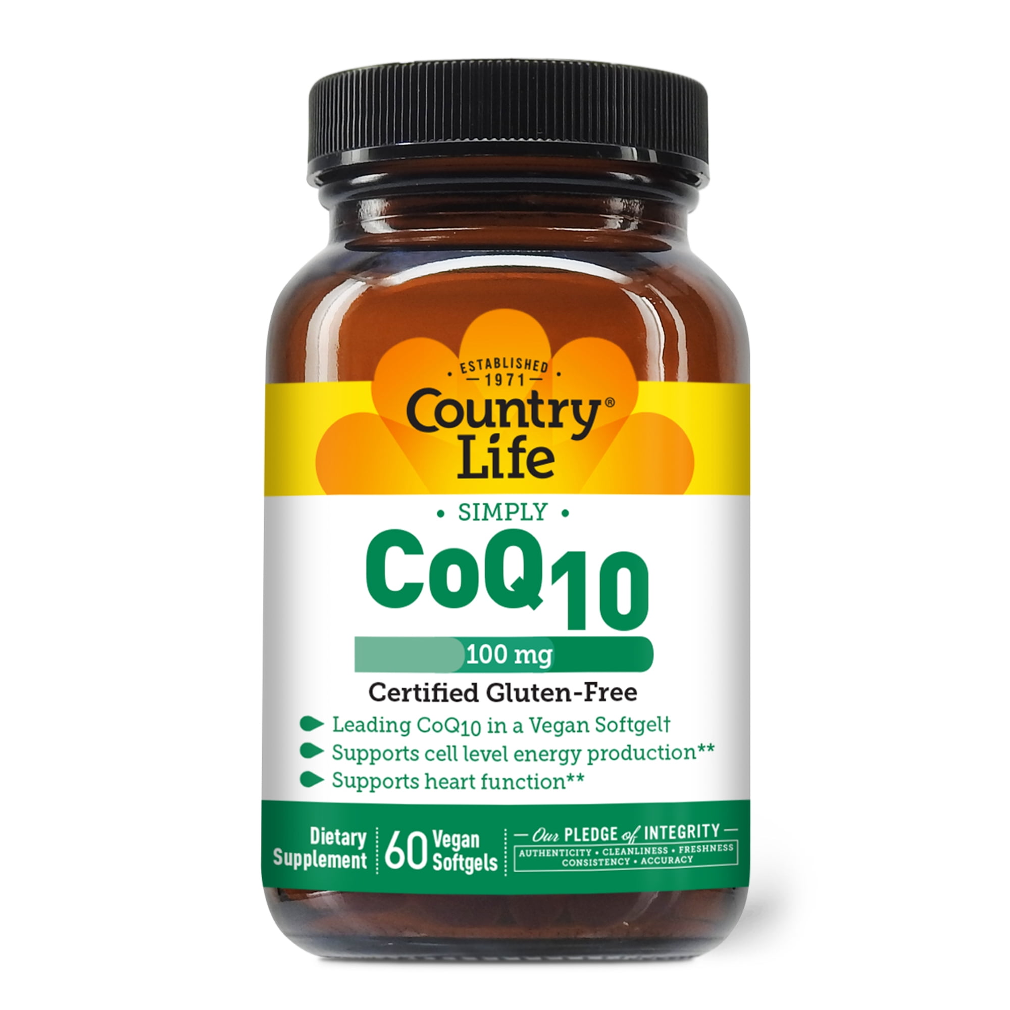 Country Life Simply CoQ10 100mg – Heart Function & Cellular Energy Support Supplement, Pure Coenzyme Q10 for Antioxidant & Cardiovascular Health, Certified Gluten Free & Vegan, 60 Softgels