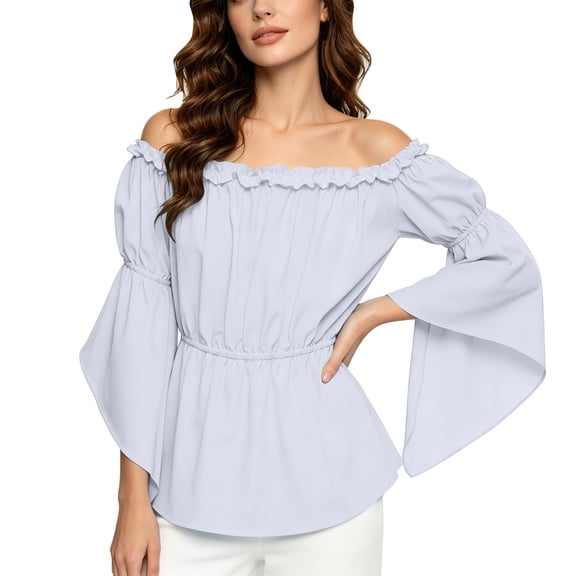LEKWK Renaissance Top Women Off Shoulder Ruffled Top with Flared Bell Sleeves Classic Pirate Shirt Medieval Halloween Cosplay Costume