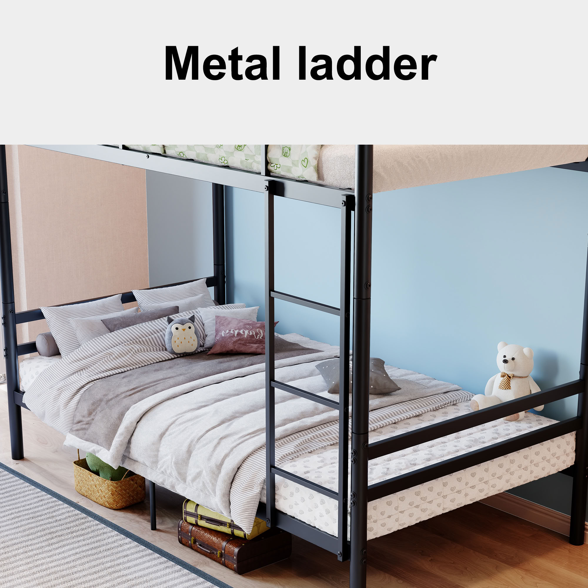 MAYEERTY Twin Over Twin Metal Bunk Bed with Ladder and High Guardrail, Splittable into 2 Individual Twin Beds, for Kids Teens Adults Bedroom Dorm, No Box Spring Needed