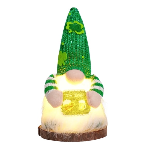 St. Patrick's Day Gnome Figurine, LED Light Up Leprechaun Decor for Desk, Shelf, Home, Irish Party Ornament