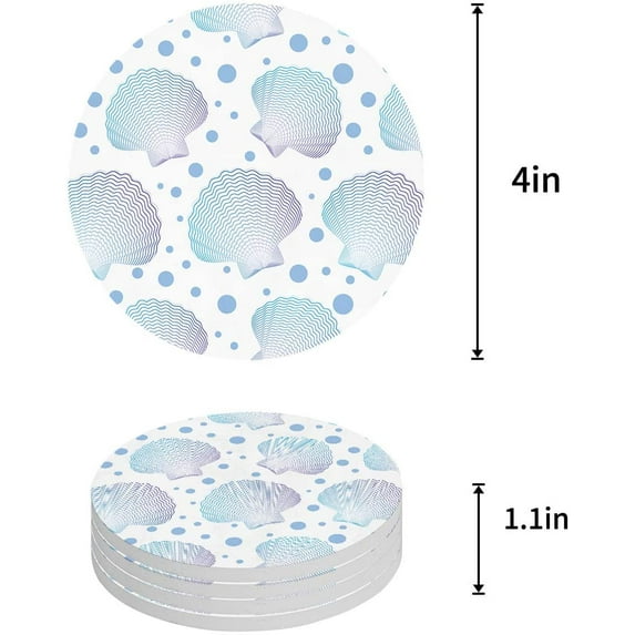 FMSHPON Life Shell Pattern Set of 4 Round Coaster for Drinks, Absorbent Ceramic Stone Coasters Cup Mat with Cork Base for Home Kitchen Room Coffee Table Bar Decor