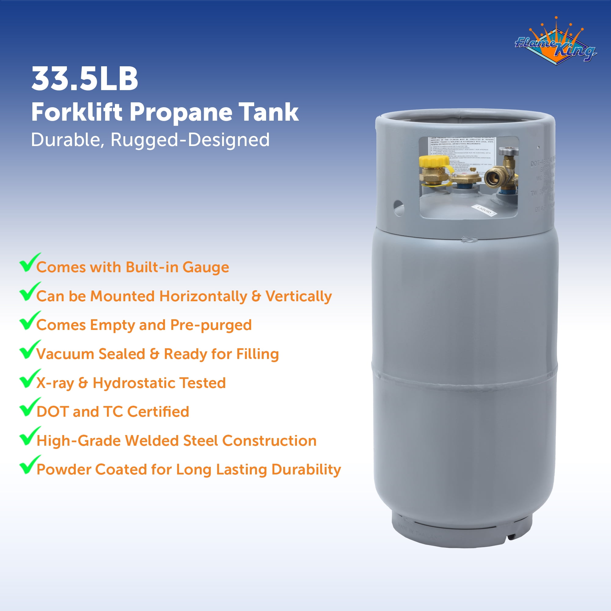 Flame King Stainless Steel Forklift Propane Tank Cylinder with Built-in Gauge, Gray, 33.5 0 lbs