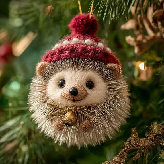 Christmas Decoration & Gift 1PC Plush Hedgehog Christmas Ornament - 3.2in Cozy Animal Decoration with Red Knit Hat & Golden Bow, Cute Hanging Ornament for Christmas Tree, Home Decor, Animal Lovers