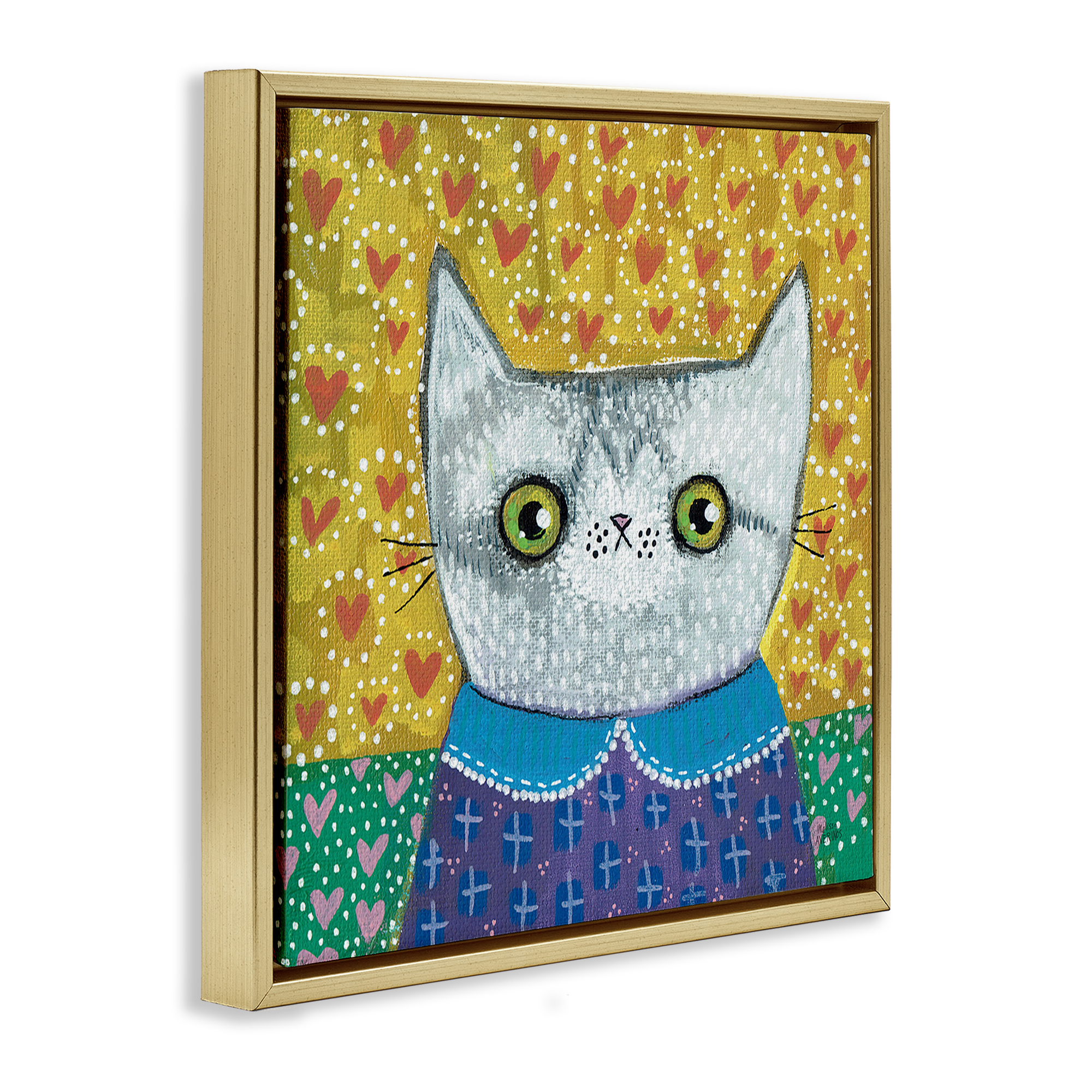 Stupell Industries Kitten with Fun Patterns Animals & Insects Painting Gold Floater Framed Canvas Art Print Wall Art, 25 x 25