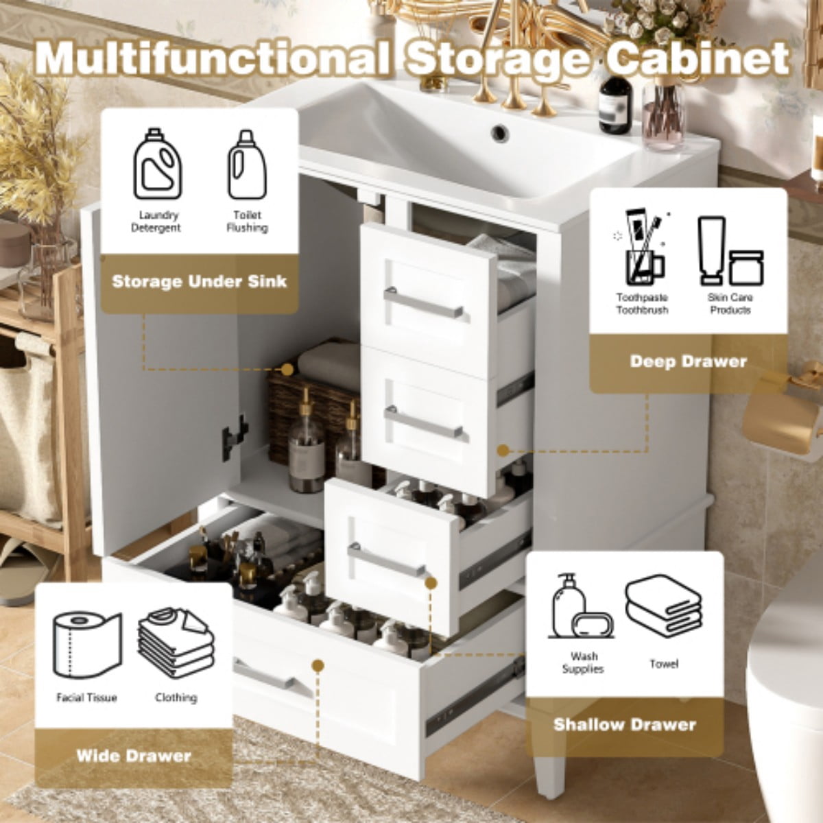 24.8" Bathroom Vanity with Ceramic Sink, Freestanding Bathroom Vanity Cabinet, Soft Close Door, 3 Drawers, White