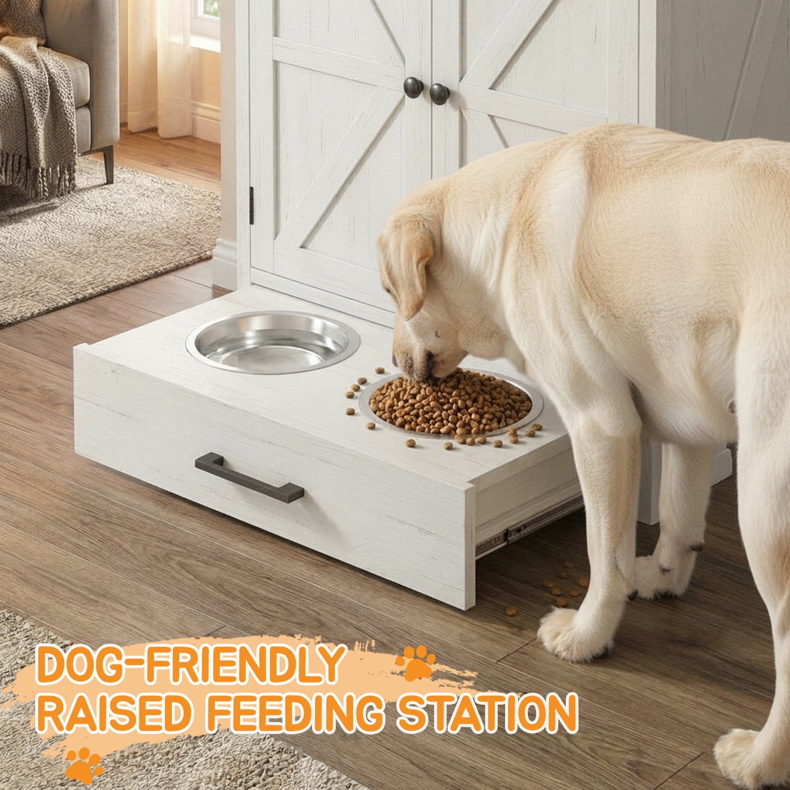 Dog Feeding Station with Storage Cabinet, Pet Feeder Station Cabinet with 3 Side Hooks, Raised 2 Elevated Dog Bowls & Hidden Pull-Out Drawer
