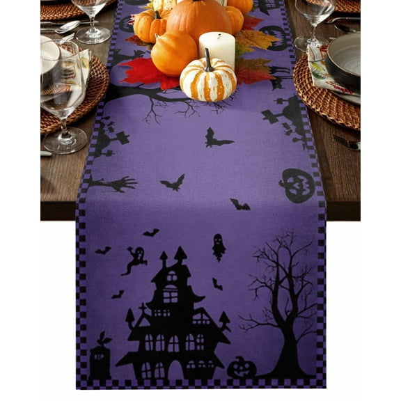 Table Runner 120 Inches Long, Halloween Haunted House Ghost Purple Buffalo Plaid Border Cotton Linen Table Runners Non-Slip Durable Dresser Scarves for Table Party Dinner Holiday Home Decor, 1 Pack