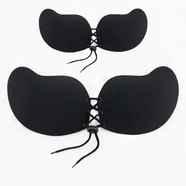 Adhesive Bra Drawstring Invisible Sticky Bra Push up Strapless Bra for  Women Backless Silicone Bras 2 Pairs, Black-1, D 