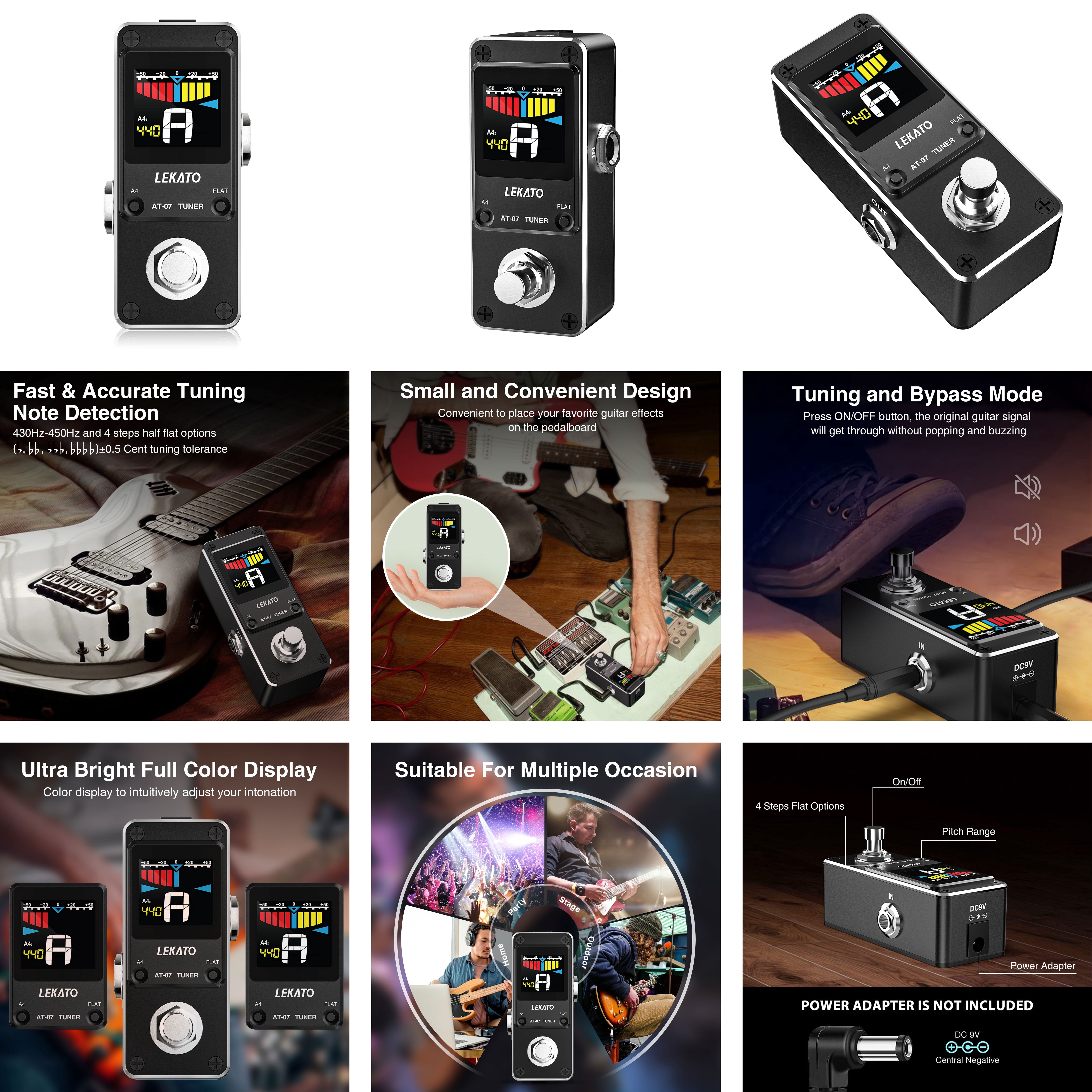 LEKATO Guitar Tuner Pedal with True Bypass, Color Display Tuning Pedal with Mute, Chromatic Tuner Pedal for Electric Guitar and Bass, Pitch and Flat Tuning