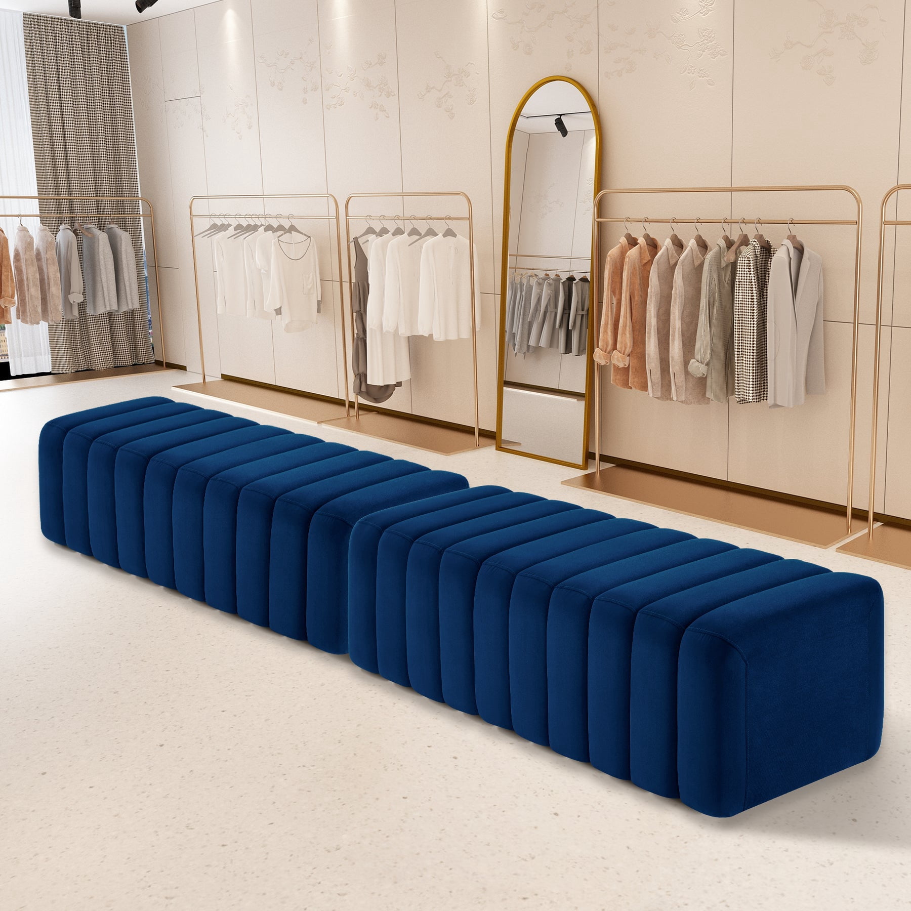 MCombo Waiting Room Benches, Guest Reception Lobby Chairs for Salon, Velvet Upholstered Ottoman for Bedroom Entryway 4698 (Blue)