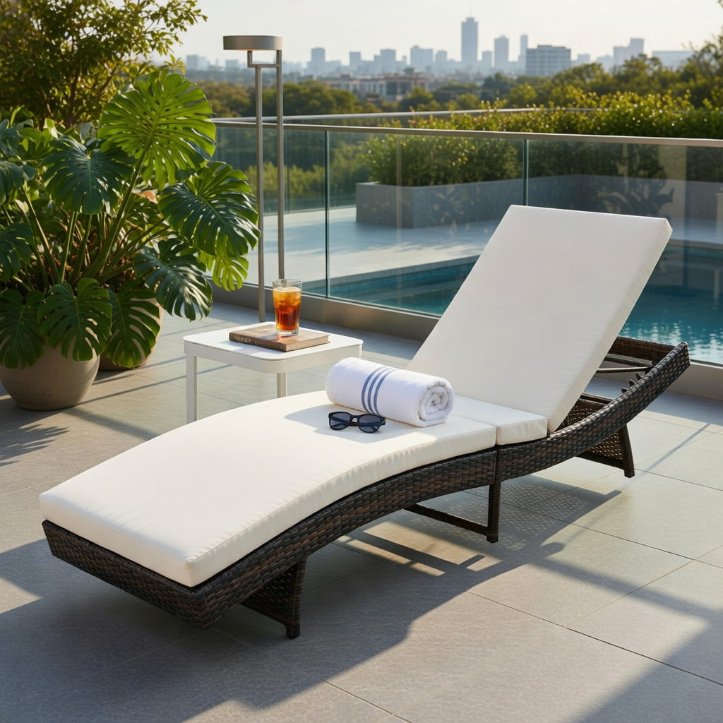 Hommoo Folding Patio Chaise Lounge Chair with 5-Position Adjustable Backrest, Thick Washable Cushion, PE Rattan Design, White