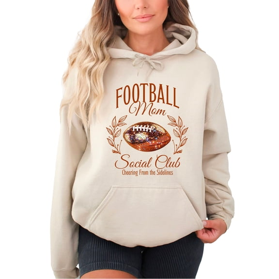 Football Mom Social Club Hoodie for Women Game Day Cheering From the Sidelines Pullover, Sand Hoodie, M