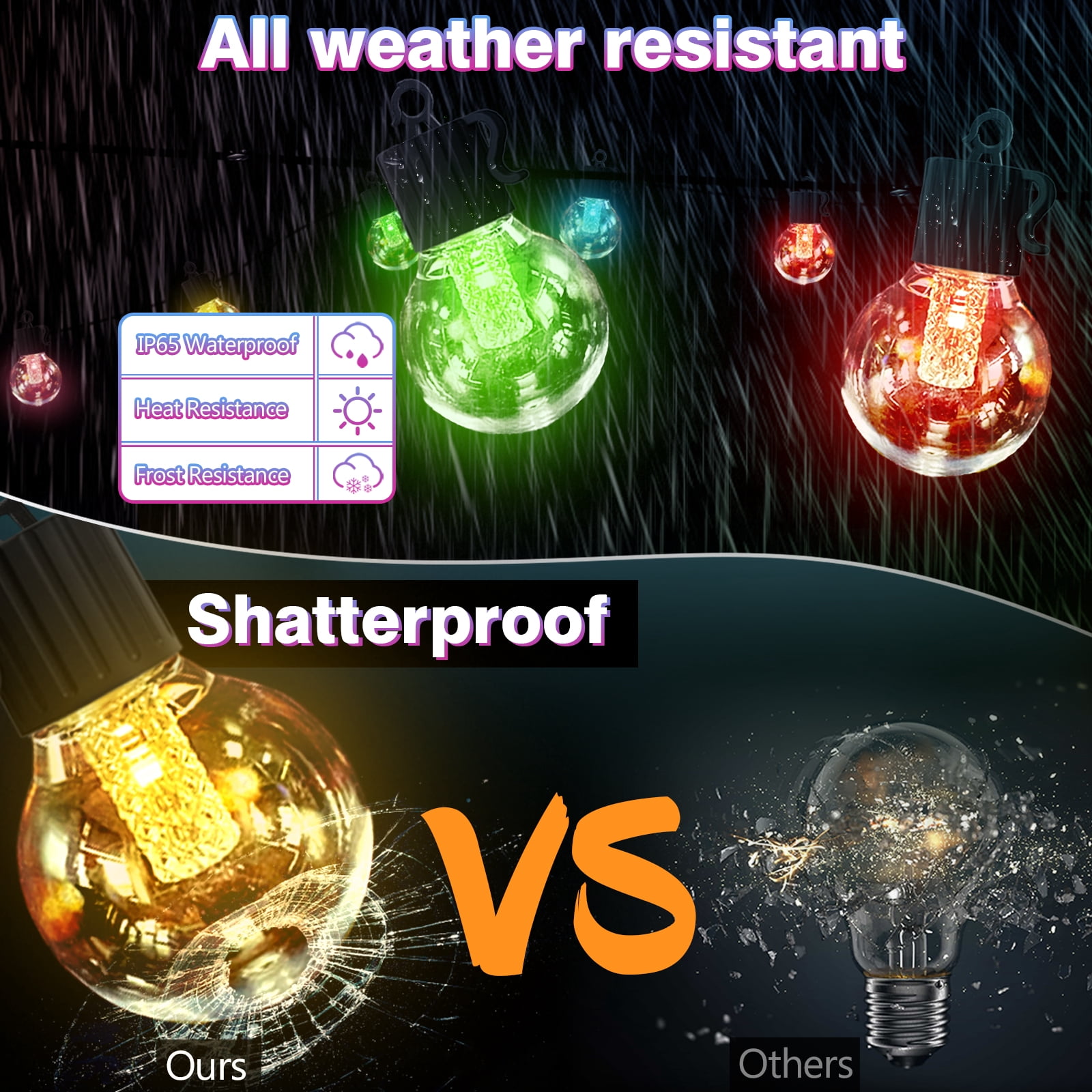 Outdoor Solar String Lights Warm and Colored 50FT 25 LED Lights Waterproof with 8 Lighting Modes USB Charging for Outside Patio Deck Backyard Decor