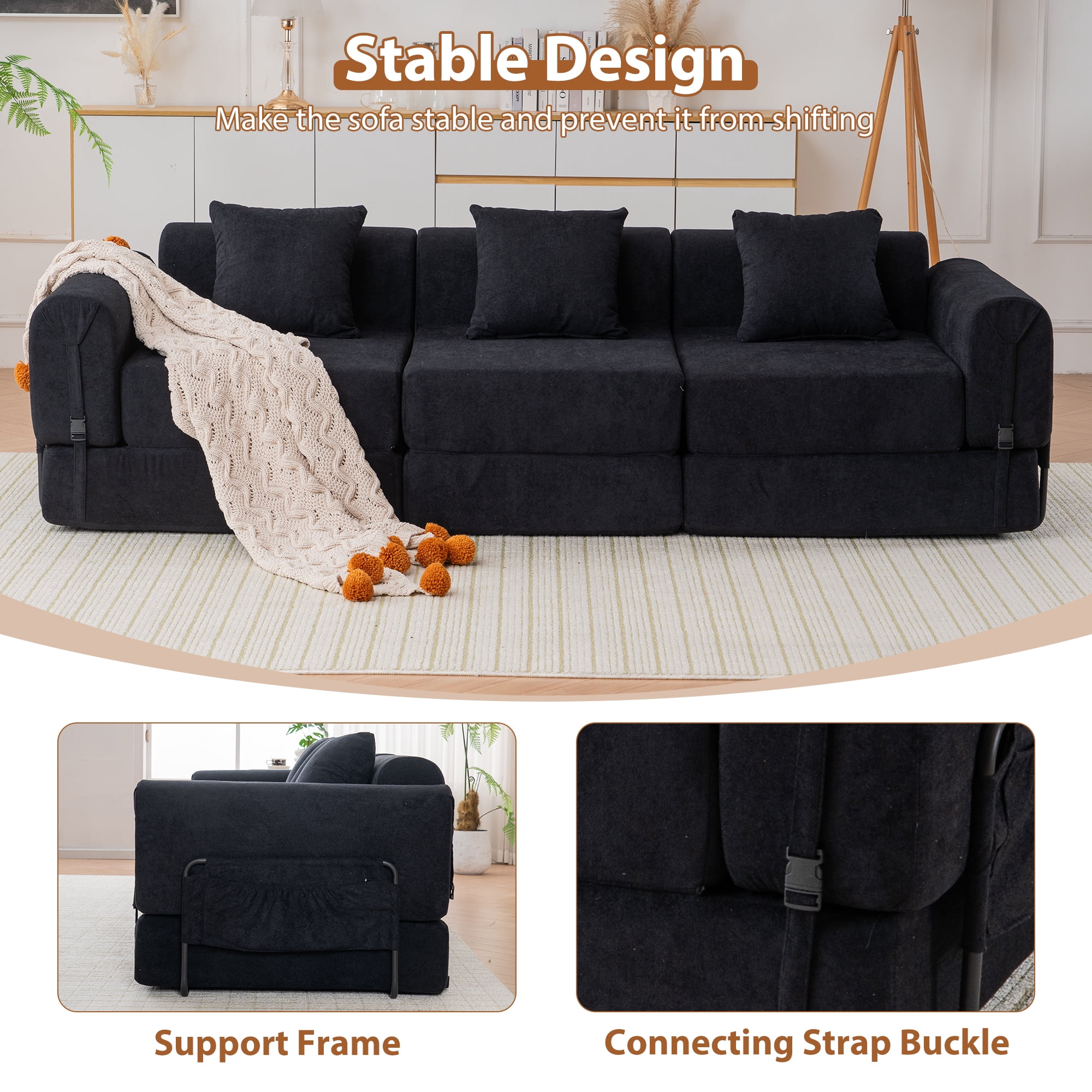 GNIXUU 98.81" Modern Modular Recliner Sofa, Convertible Sleeper Bed,Folding Mattress 3 Seater Couch with Fixed-Shape Frame ,Comfy Lazy Boneless Couches for Living Room Bedroom Lounge,Black