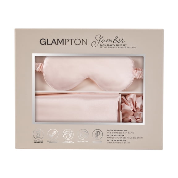 Glampton Slumber Satin Beauty Sleep Set, Peach, 3-Piece Set with Pillowcase, Eye Mask, and Scrunchie