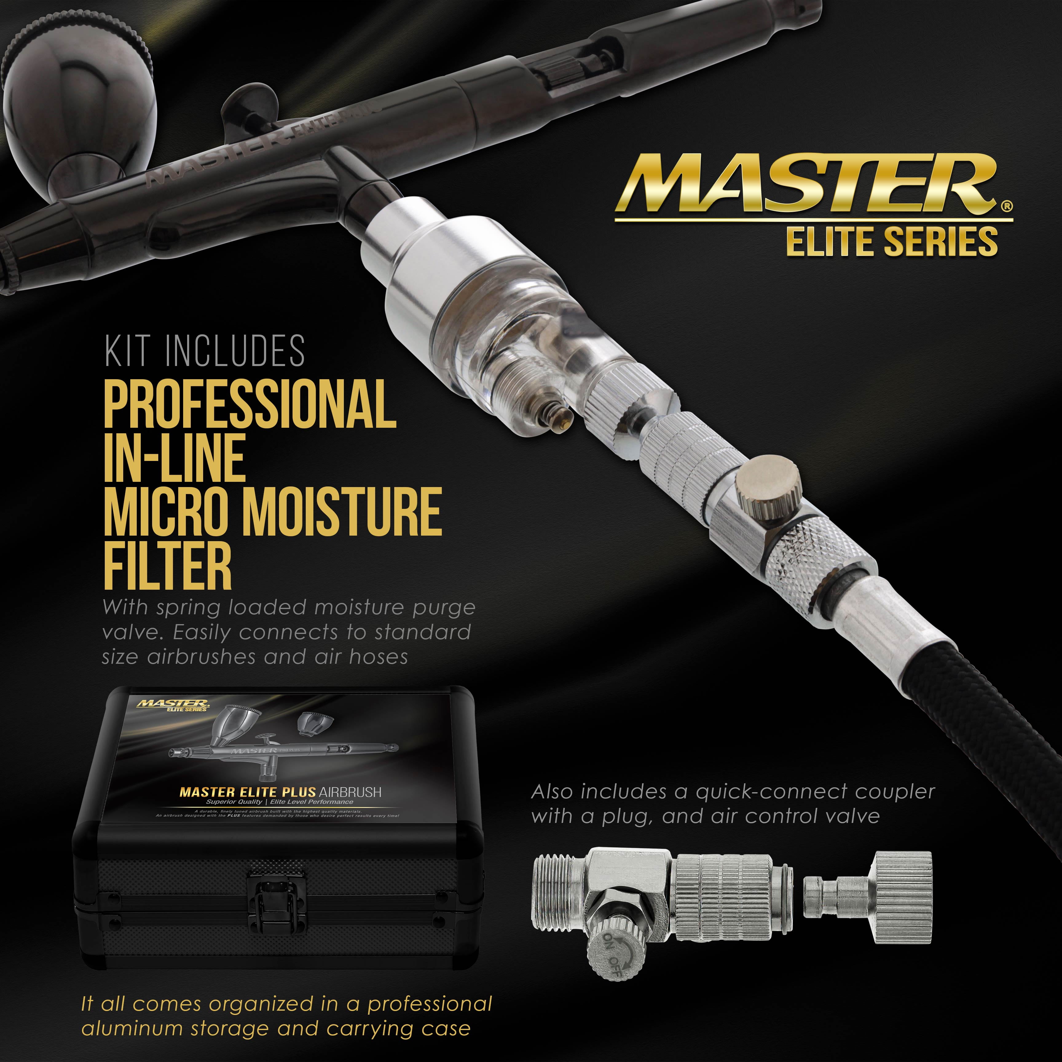 Master Elite Plus Airbrush Set, Model 120 - Elite Level Spray Performance Dual-Action Gravity Feed Airbrush Kit with Case, 0.3mm Tip, 2 Cups, Filter - Auto-Graphics, Art, Cake, Tattoo