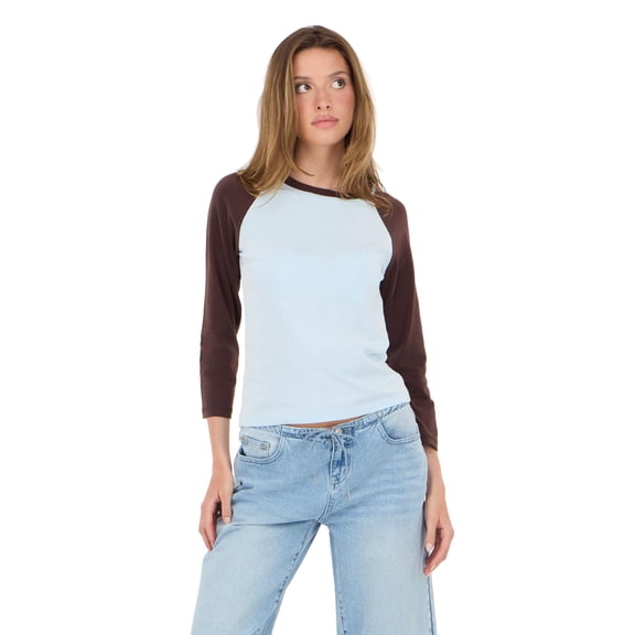 Forever 21 Women's Light Blue & Brown Varsity Raglan Crew Neck 3/4 Sleeve Top, for Casual Everyday Style, XS