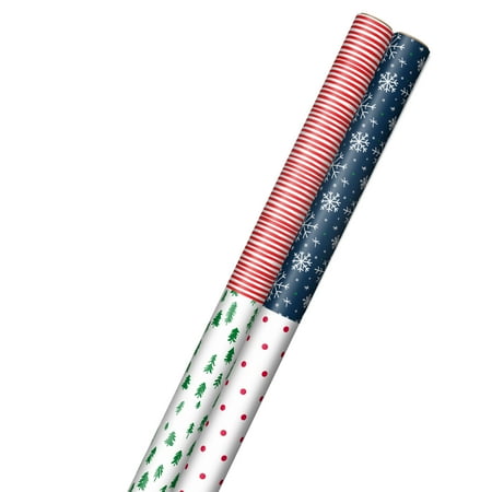 Hallmark Bulk Christmas Wrapping Paper with Cut Lines on Reverse (2 Rolls  4 Designs: 160 Sq. Ft. Ttl) Red Dots on White  Snowflakes on Navy  Red and White Stripes  Evergreen Trees