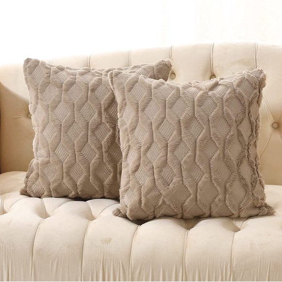 Lot de 2 Housses de Coussin en Fausse Laine 18x18 Pouces Décoratives Style Ferme en Velours Boho, Beige