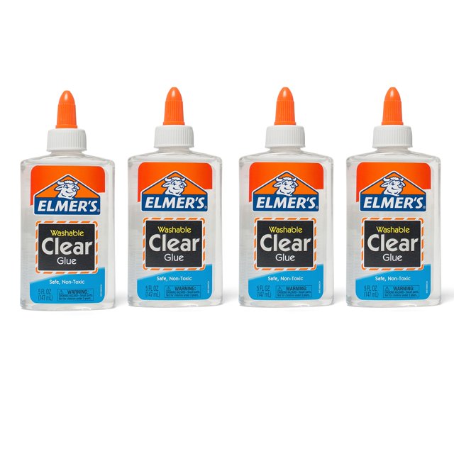 pegamento escolar líquido elmer's, transparente, lavable, 150 ml, 4 unidades frontal de cuatro botellas alineadas, etiquetas naranjas y azules con logo Elmer's, boquillas cónicas naranjas, envases plásticos translúcidos con pegamento claro, indicado para manualidades y hacer slime en casa o en el aula.