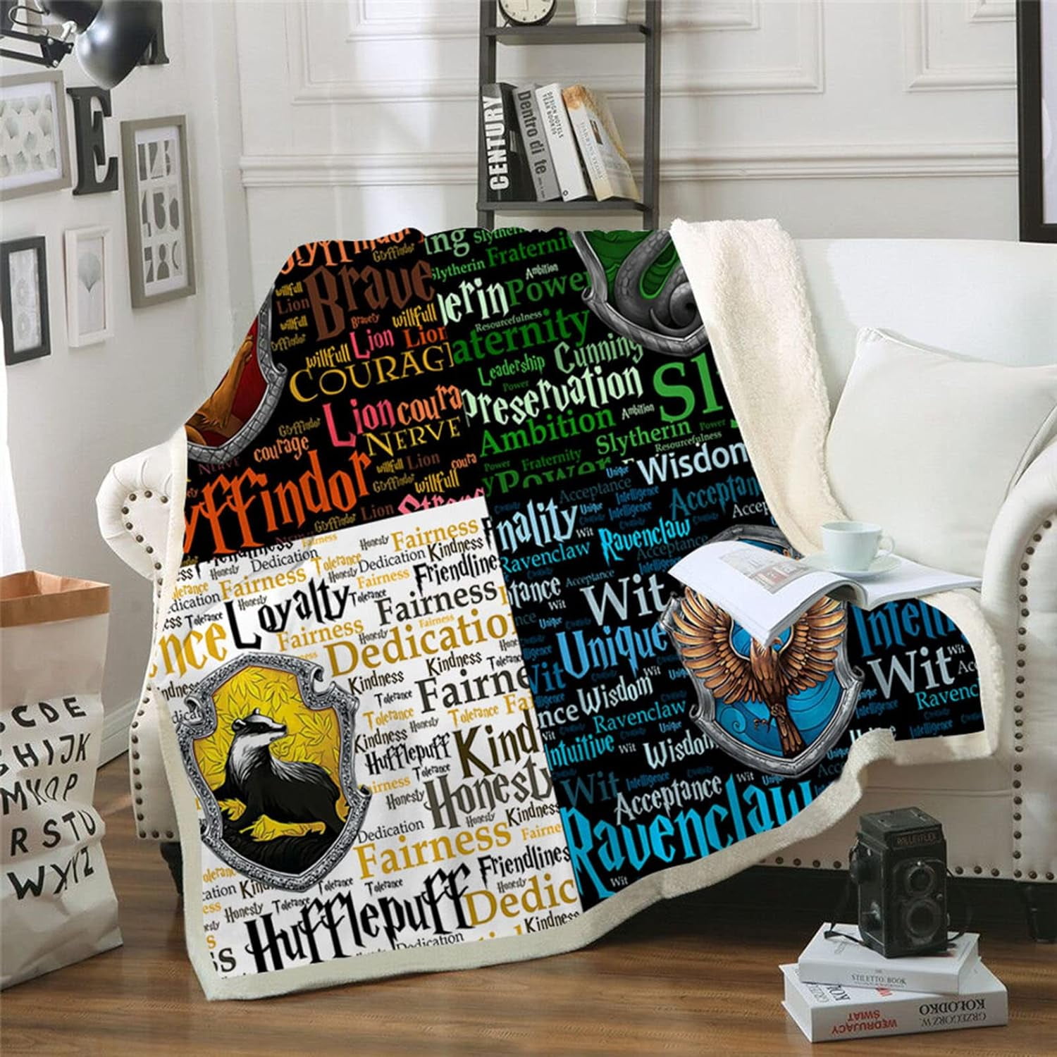 LAICAIW Harry Potter Throw Blanket Soft Cozy Blankets 3D Printed Sherpa Fleece Blanket with Slytherin Gryffindor Hufflepuff Ravenclaw Pattern for