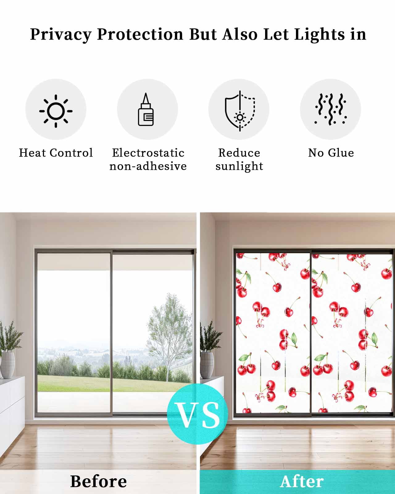 Window Privacy Film Cherry Rustic Stained Glass Window Film Decorative Sun Block Window Cover Spring Summer Tropic Fruit Watercolor Window Clings Static Adhesive Sticker for Bathroom 23.6"x59"
