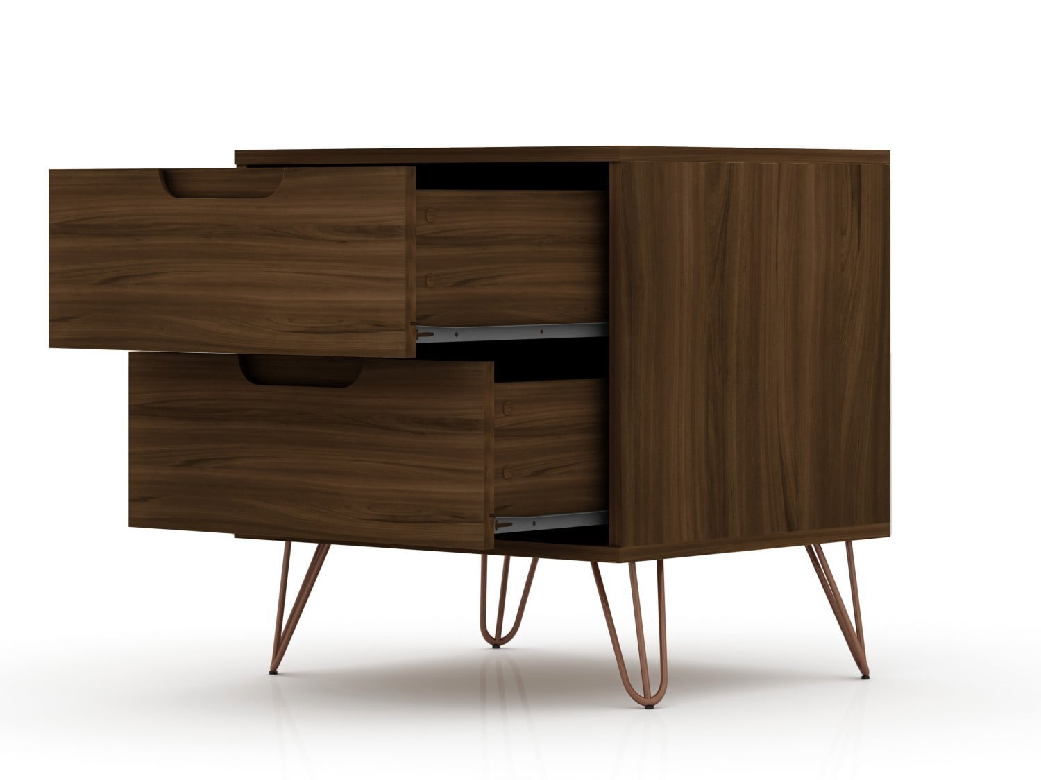 Nightstand, Mid Century Modern Bedside Table with 2 Drawers, Metal Splayed Legs and Adjustable Handle Design, Storage End Table for Bedroom Living Room, Chestnut