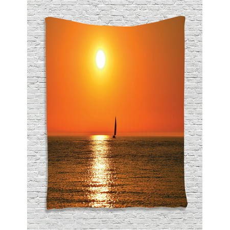 Nautical Wall Hanging Tapestry, Small Yacht Sailboat on Lake Michigan at Sunset Nautical Serenity Maritime Culture, Bedroom Living Room Dorm Decor, Orange, by (Best Small Sailboat For Lakes)