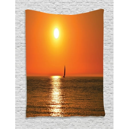 Nautical Wall Hanging Tapestry, Small Yacht Sailboat on Lake Michigan at Sunset Nautical Serenity Maritime Culture, Bedroom Living Room Dorm Decor, Orange, by