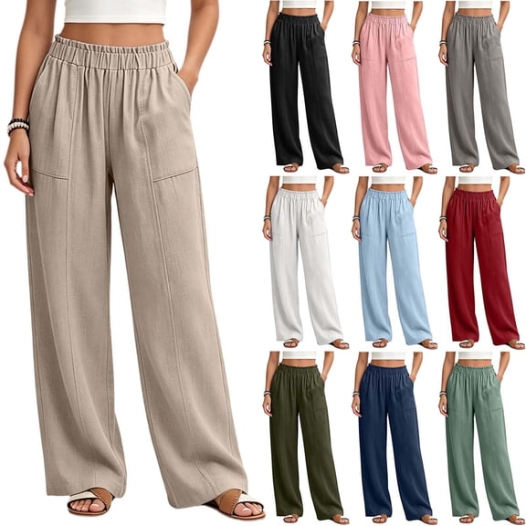 Women Linen Blend Wide Leg Pants Sevevn Elastic Pull‑On Waist Loose Straight Trousers With Big Side Pockets, Various Solid Hue Choices For Beach Vacation Daily Outfit