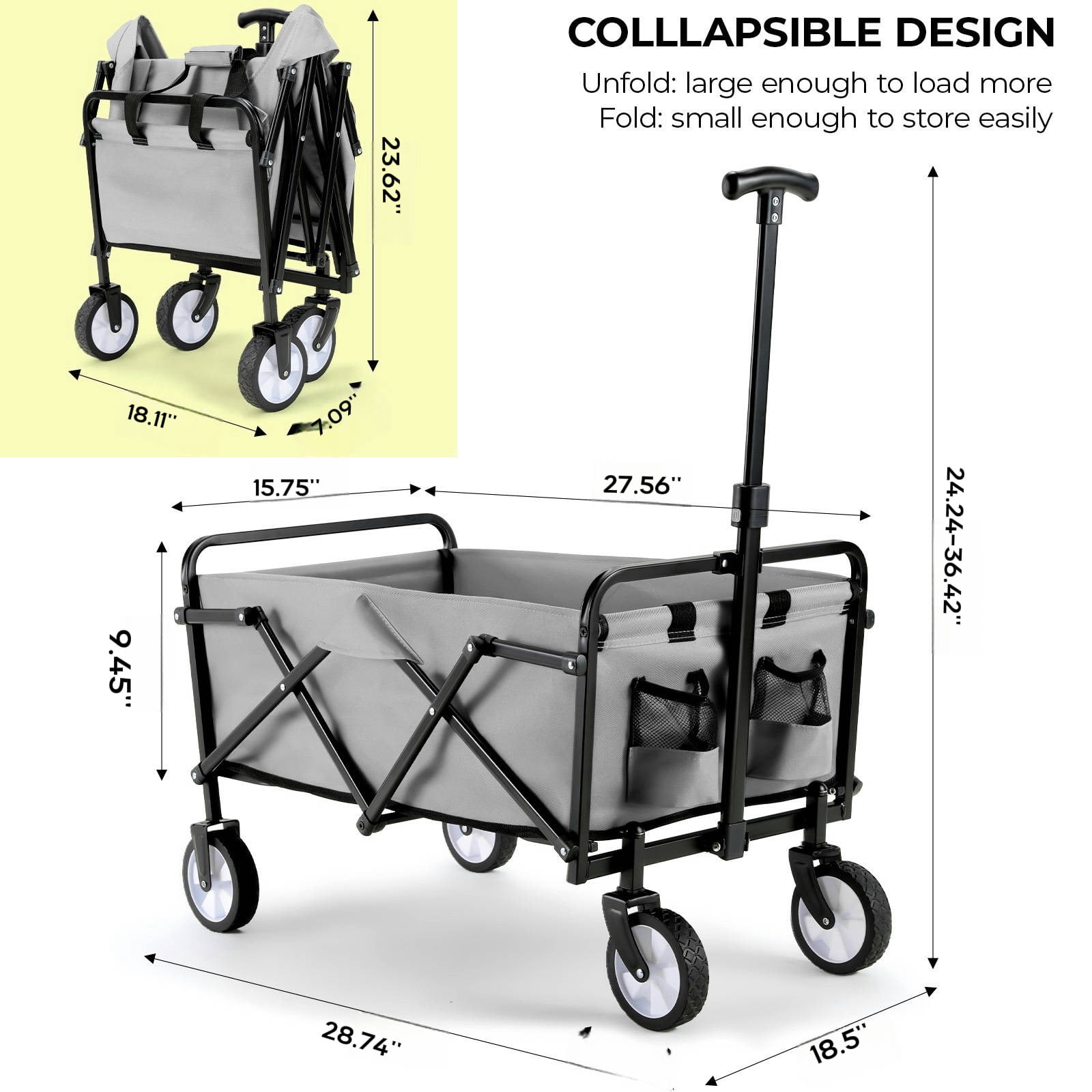 Pirecart Heavy-duty Portable Utility Wagon Cart, Collapsible Folding Wagon 150 lbs Max Load, Lightweight Foldable Grocery Stroller, W/360° Wheels, Carry Bag, for Camping, Shopping, Garden, Sports
