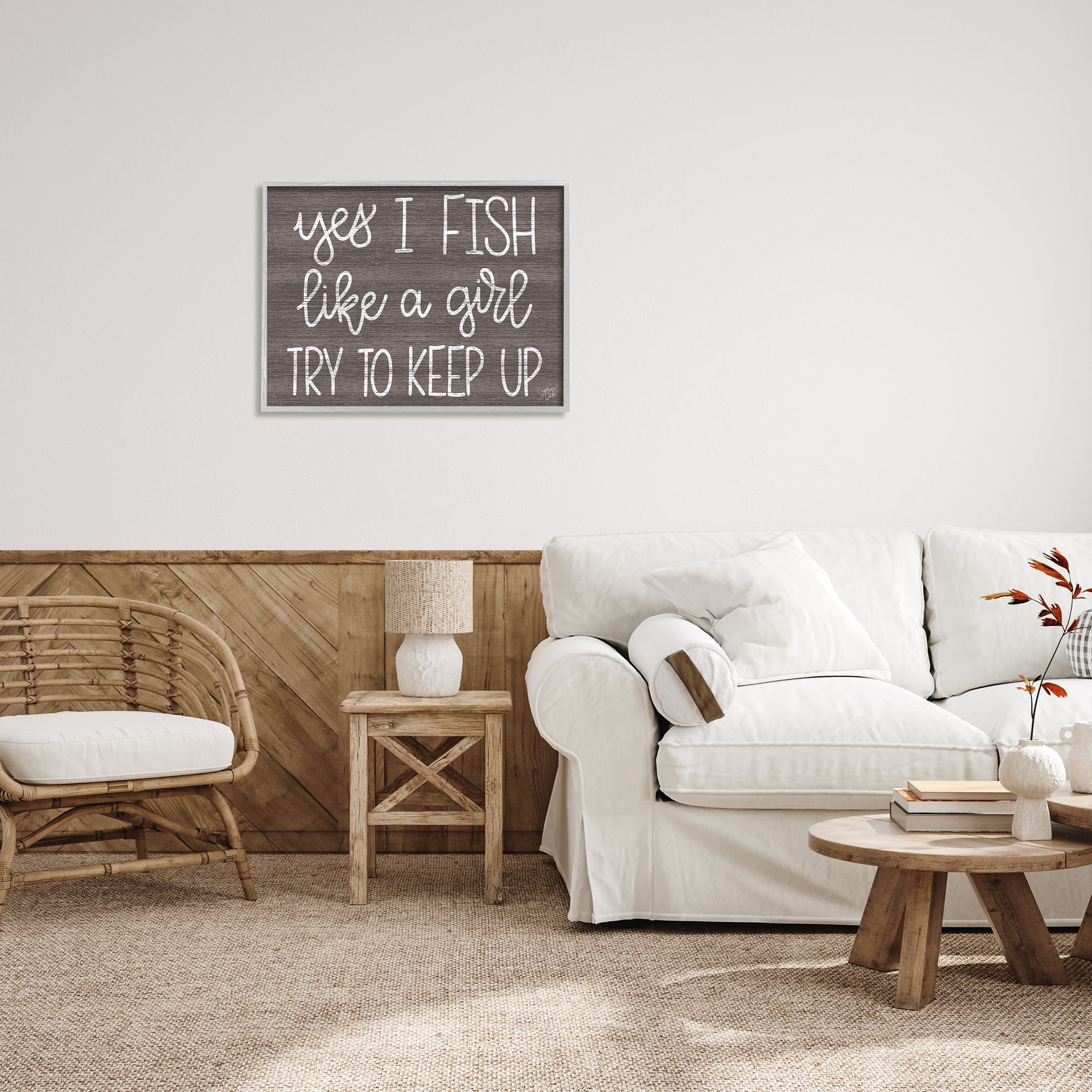 Stupell Fish Like A Girl Summer Cabin Sign Inspirational Painting Gray Framed Art Print Wall Art