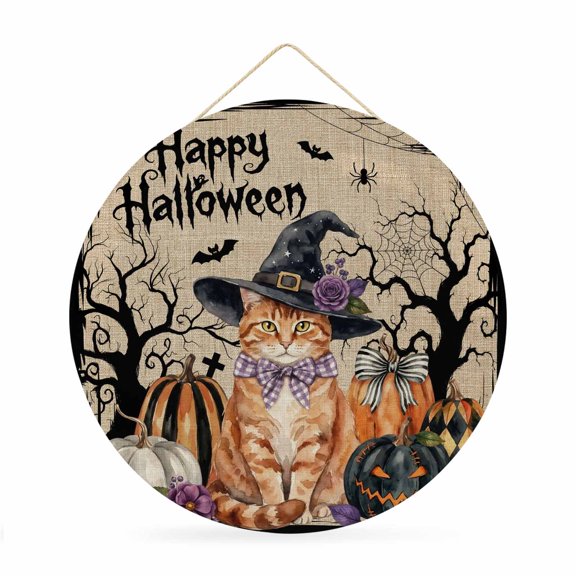 Welcome Sign for Front Door, Cat Pumpkins Halloween Round Metal Wall Art Wreaths, Horror Black Trees Beige Outdoor Indoor Wall Hanging Sign for Porch Decor Housewarming Gifts 11.8 Inch