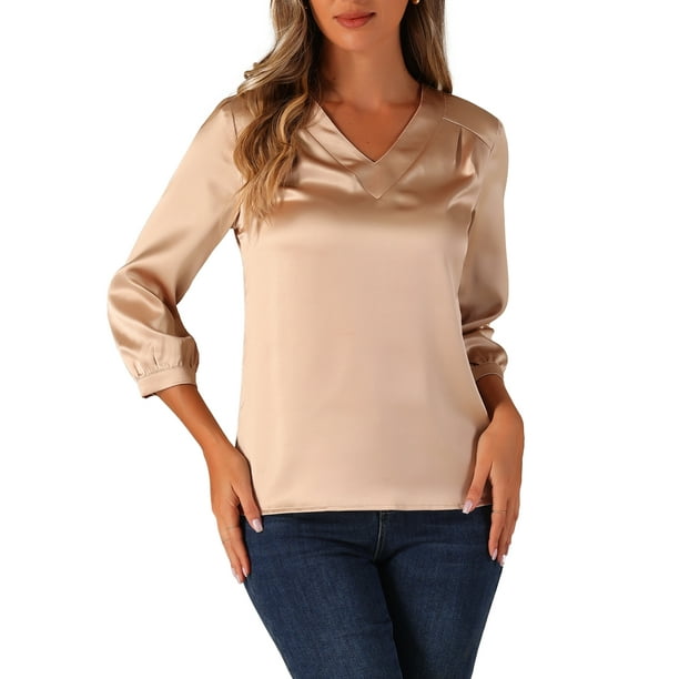 Blusa de satén para mujer Inspire Chic, casual, de manga larga, con cuello en V, color sólido, talla XL, champán