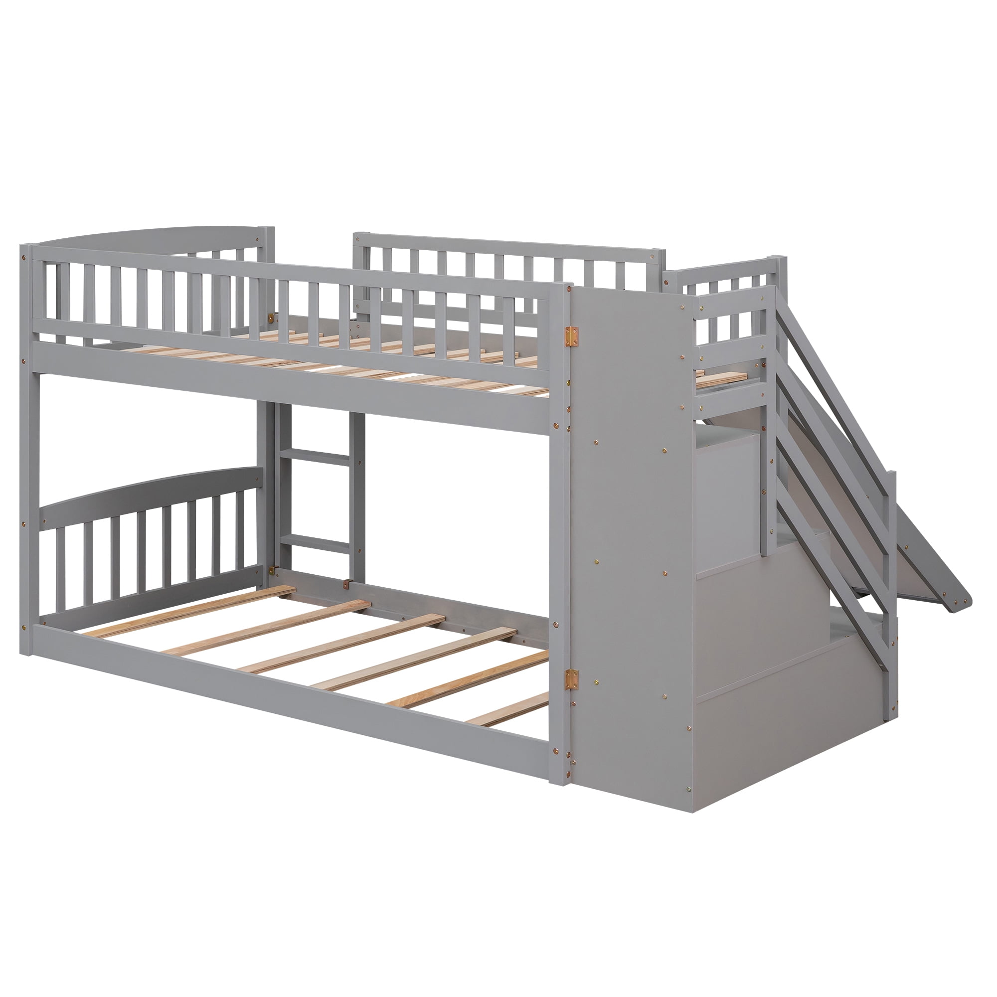 Mintazer Twin Over Twin Bunk Bed with Storage Staircase & Convertible Slide, Kids Bunk Bed Frame with Guardrails & Ladder, No Box Spring Needed, Gray