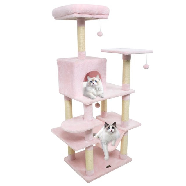 Costway 58" Tall Multi-level Cat Tree with Upholstered Perch & Cat Condo, Comfy Hammock Pink