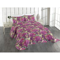 Ambesonne Spring Quilted Coverlet 3 Pcs, Watercolor Flowers Flora Art, Queen Size, Pistachio Green Eggplant